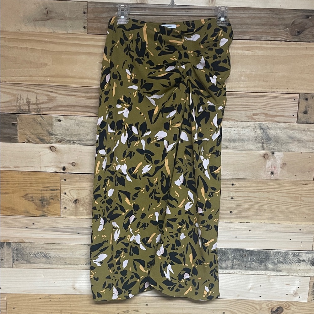 Nine West size XXL Olive Green Floral Midi Skirt with Pink, Yellow, Black Print